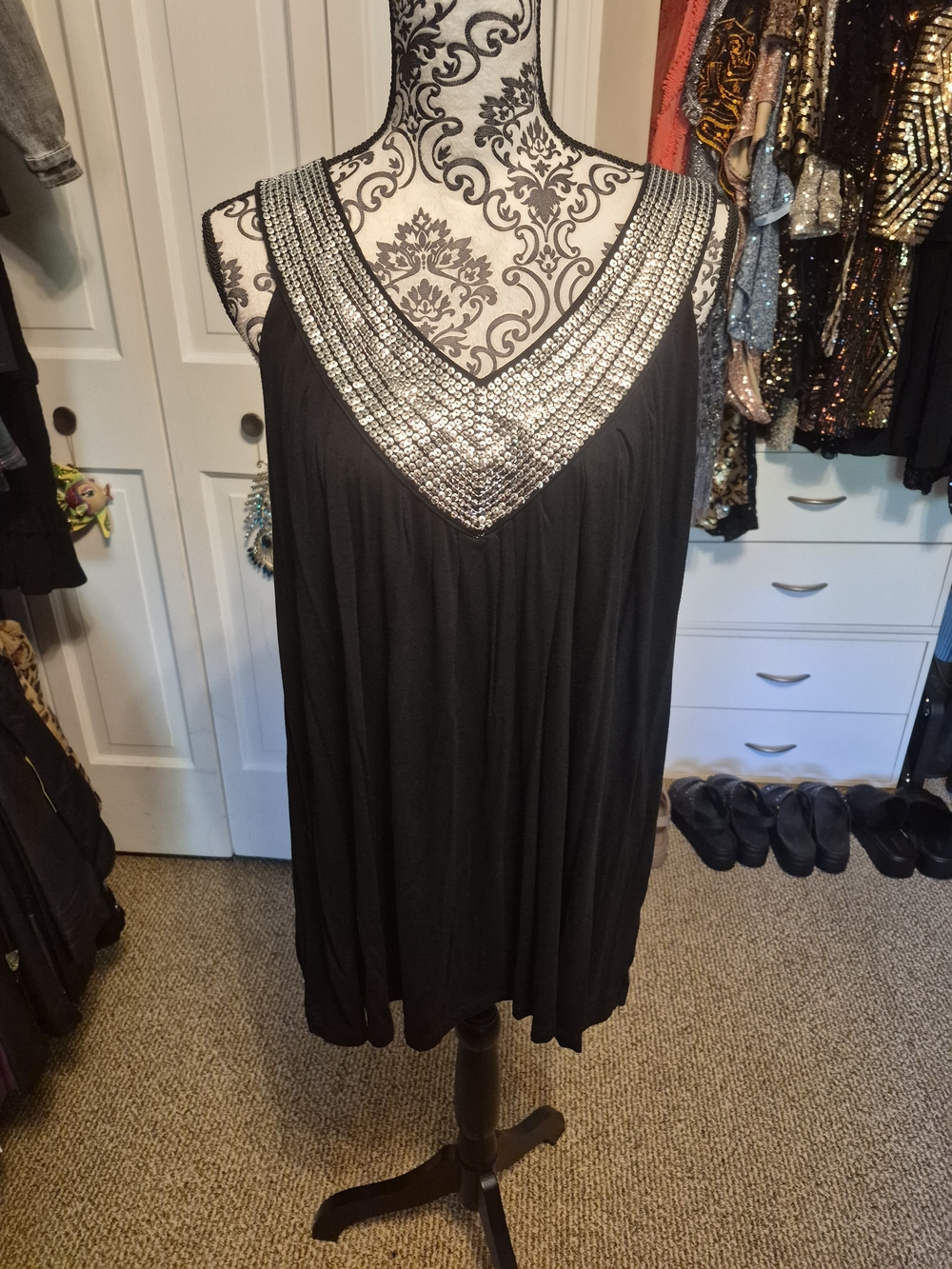 Roaman's Black Tank Top with Silver Beaded V-Neckline - 2X